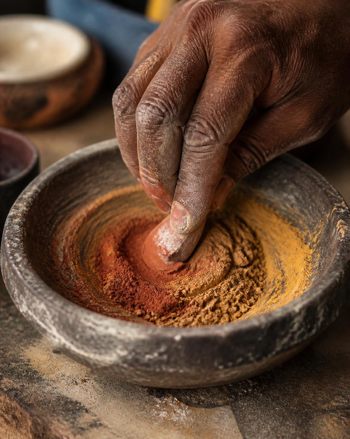 Hands mixing natural earth pigments